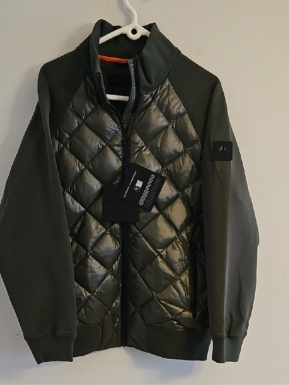 Moose Knuckles Olive Green Quilted Hybrid Puffer Jacket